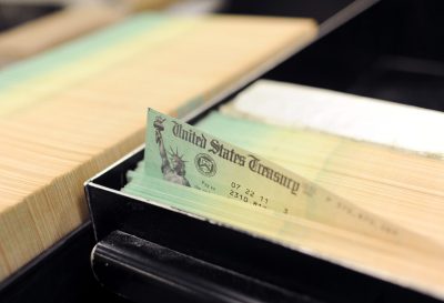 Trays of social security checks are pictured at the U.S. Treasury printing facility on July 18, 2011 in Philadelphia, Pennsylvania. (William Thomas Cain/Getty Images)