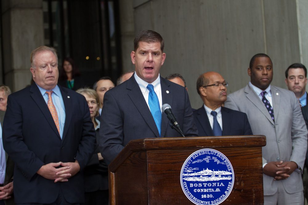 Boston Mayor Marty Walsh speaks to the media about the passing of his predecessor, Tom Menino. (Jesse Costa/AP)