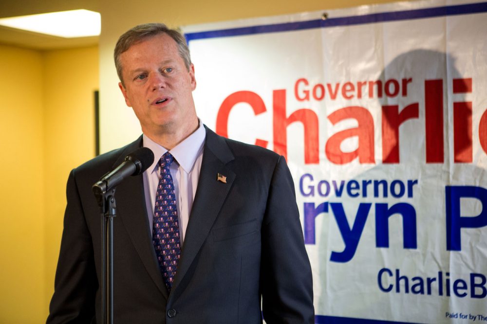 Republican gubernatorial candidate Charlie Baker answers questions Friday afternoon at his campaign headquarters in Brighton. (Jesse Costa/WBUR)