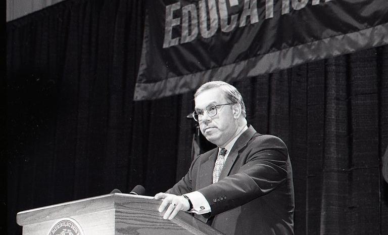 Mayor Menino at his 1996 State of the City address at Jeremiah Burke High School In Dorchester (Courtesy of City of Boston Archives)