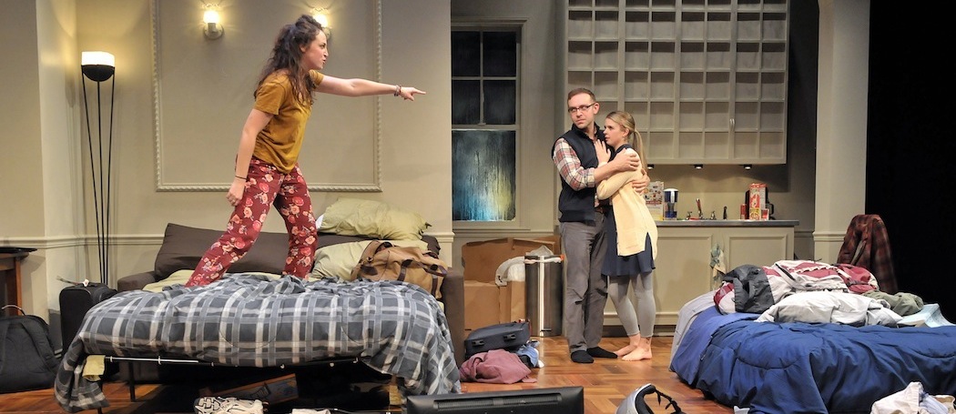 Daphna (Alison McCartan) assails Liam (Victor Shopov) and Melody (Gillian Mariner Gordon) in &quot;Bad Jews&quot; at SpeakEasy Stage Company. (Craig Bailey/Perspetive Photo)