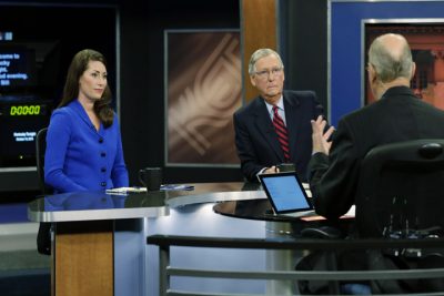 U.S. Senate Minority Leader Mitch McConnell (R) Ky., center, and Democratic opponent, Kentucky Secretary of State Alison Lundergan Grimes, rehearsed with host Bill Goodman before their appearance on &quot;Kentucky Tonight&quot; television broadcast live from KET studios in Lexington, Ky.,Monday, Oct. 13, 2014. (AP)