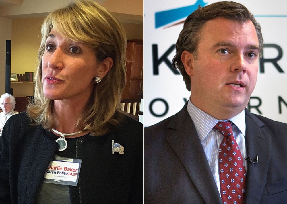 Republican lieutenant governor candidate Karyn Polito, left, and Democratic lieutenant governor candidate Steve Kerrigan (Asma Khalid, Jesse Costa/WBUR)