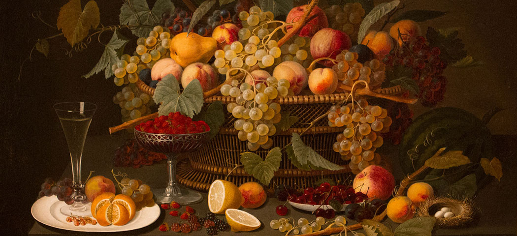 &quot;Still Life with Fruit&quot;, Roesen, Severin (attributed to) (German), 1850-60, Oil on canvas mounted on panel, canvas: 30 1/2 in. x 40 1/2 in. (77.5 cm x 102.9 cm), Gift of Mr. and Mrs. Eliot Stetson Knowles