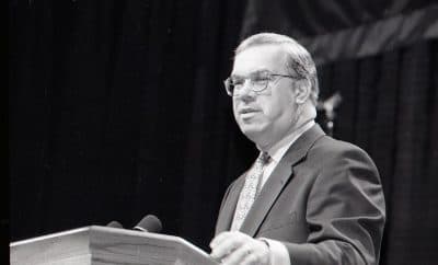 Menino at his 1996 State of the City address at the Jeremiah Burke High School.  (Courtesy of City of Boston Archives). 
