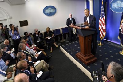 President Barack Obama speaks in the James Brady Press Briefing Room in the White House in Washington, Monday, Aug. 18, 2014.  (AP)
