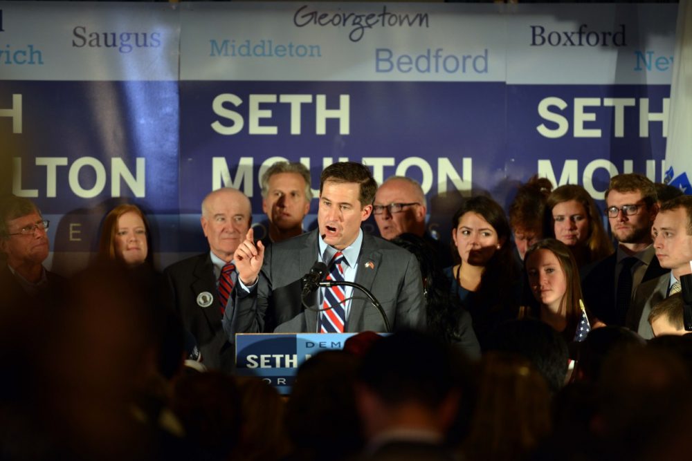 Seth Moulton delivers his victory speech in Salem after winning the 6th Congressional District race against Republican Richard Tisei. (Alex Kingsbury/WBUR)