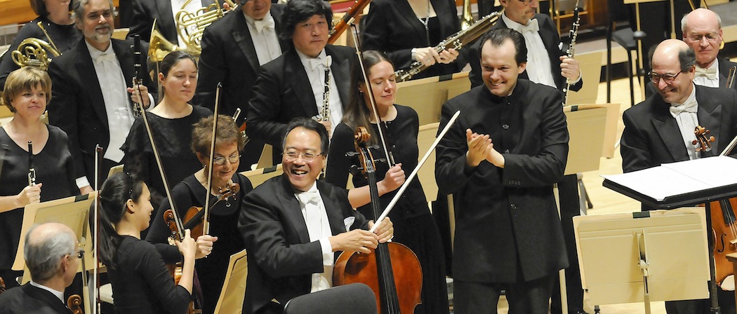 Andris Nelsons, Yo-Yo Ma and the Boston Symphony Orchestra following their performance of Prokofiev. (Stu Rosner)