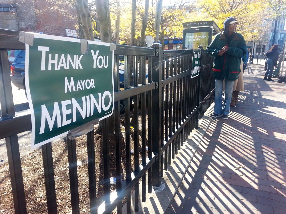 &quot;Thank you Mayor Menino&quot; signs were everywhere in Dudley Square. (Zeninjor Enwemeka/WBUR)