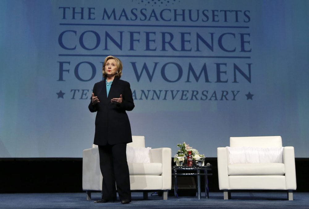 Former Secretary of State Hillary Rodham Clinton speaks at the Massachusetts Conference for Women in Boston on Thursday. (Elise Amendola/AP)