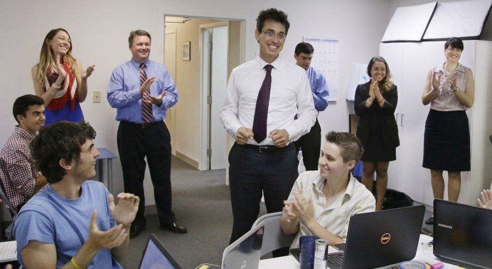 Evan Falchuk, who won enough votes in the Massachusetts governor’s race to win official political party designation, is pictured at his Boston campaign headquarters, Monday, June 23, 2014. (Stephan Savoia/AP)