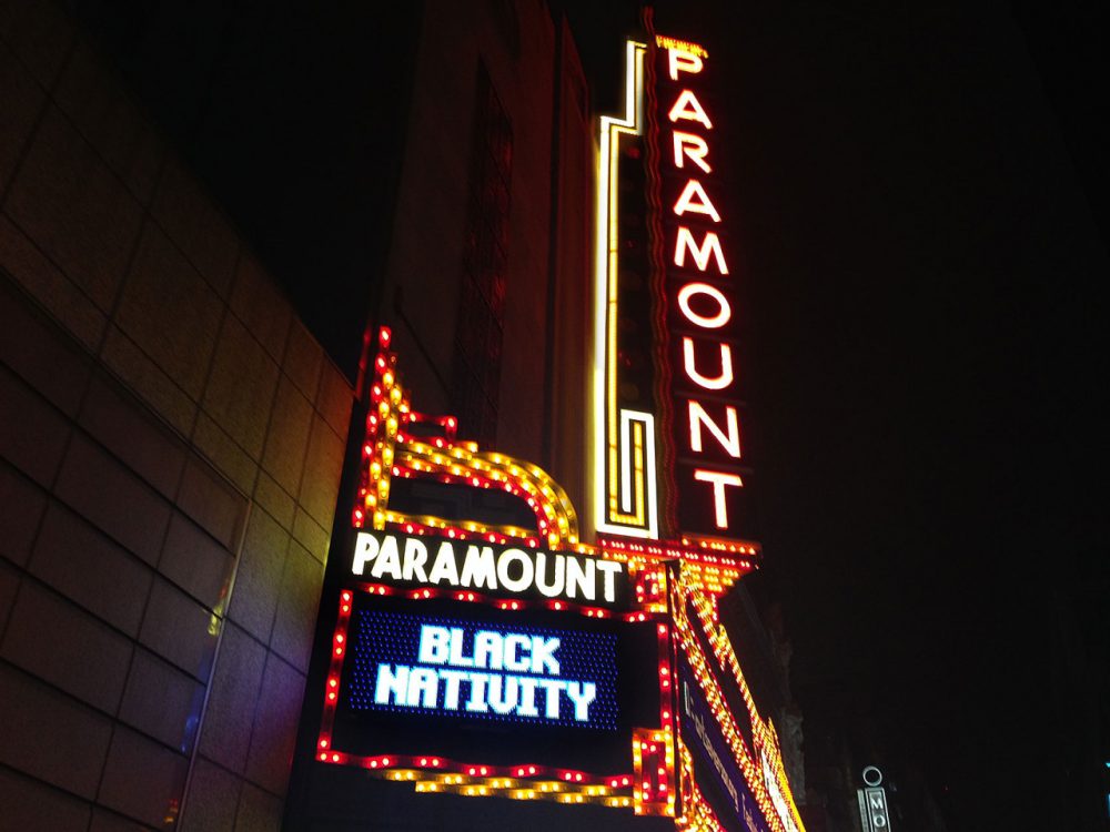 The marquee advertising &quot;Black Nativity&quot; at the Paramount Theater in Boston's theater district. (Delores Handy/WBUR)