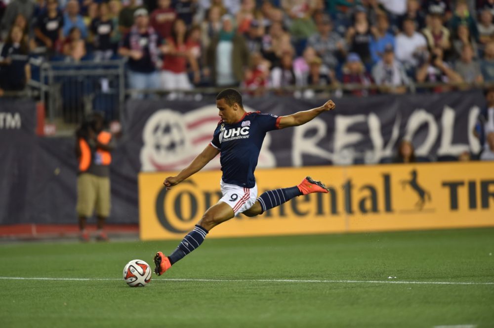 Charlie Davies takes a shot at Gillette Stadium in a game against the Chicago Fire, Sept. 7, 2014. (Gretchen Ertl/Revolution Communications)