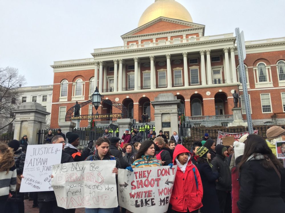 As the march began at the Boston Statehouse, protesters shouted &quot;Black Lives Matter.&quot; (Bruce Gellerman/WBUR)