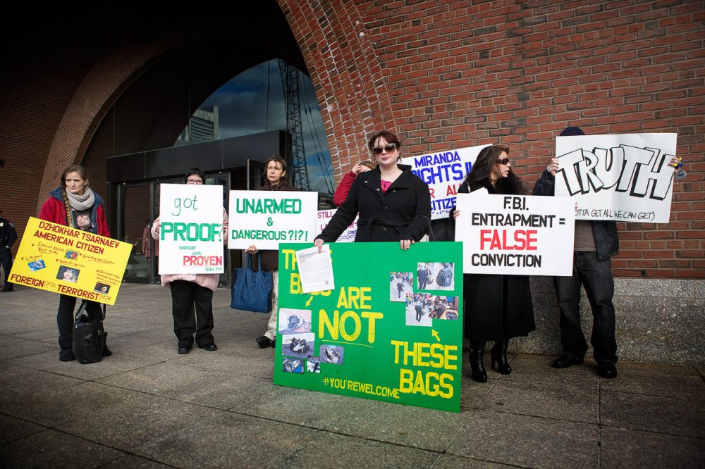 A small group of protesters gathered outside the courthouse, holding signs supporting Dzhokhar Tsarnaev. 