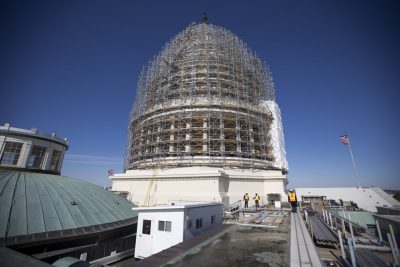 Scaffolding surrounds the U.S. Capitol Dome during a press conference on the roof of the U.S. Capitol Building, in Washington,Tuesday, Nov. 18, 2014, to announce the completion of the scaffolding and the start of the repairs for the U.S. Capitol Dome Restoration Project.  (AP)