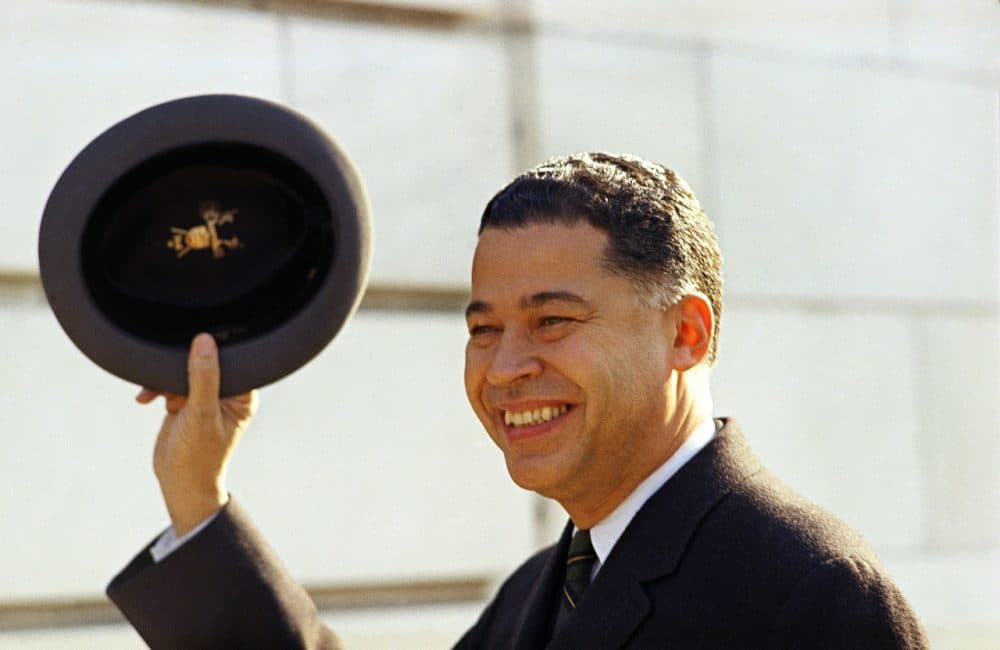 Edward Brooke (Sen. Republican Massachusetts) shown waving hat, Jan. 12, 1967. (Charles Tasnadi/AP)