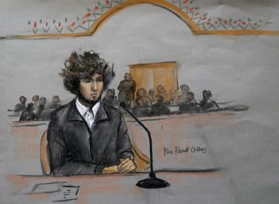 In this courtroom sketch, Boston Marathon bombing suspect Dzhokhar Tsarnaev is depicted sitting in federal court in Boston, Dec. 18, 2014. (Jane Flavell Collins/AP)