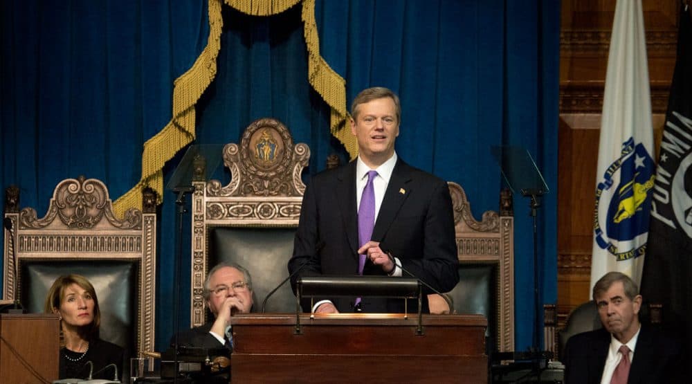 Gov. Charlie Baker delivers his inaugural address Thursday at the State House. (Jesse Costa/WBUR)