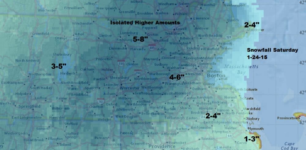 Snowfall predictions for Saturday’s storm, as of Friday afternoon. (David Epstein/WBUR)