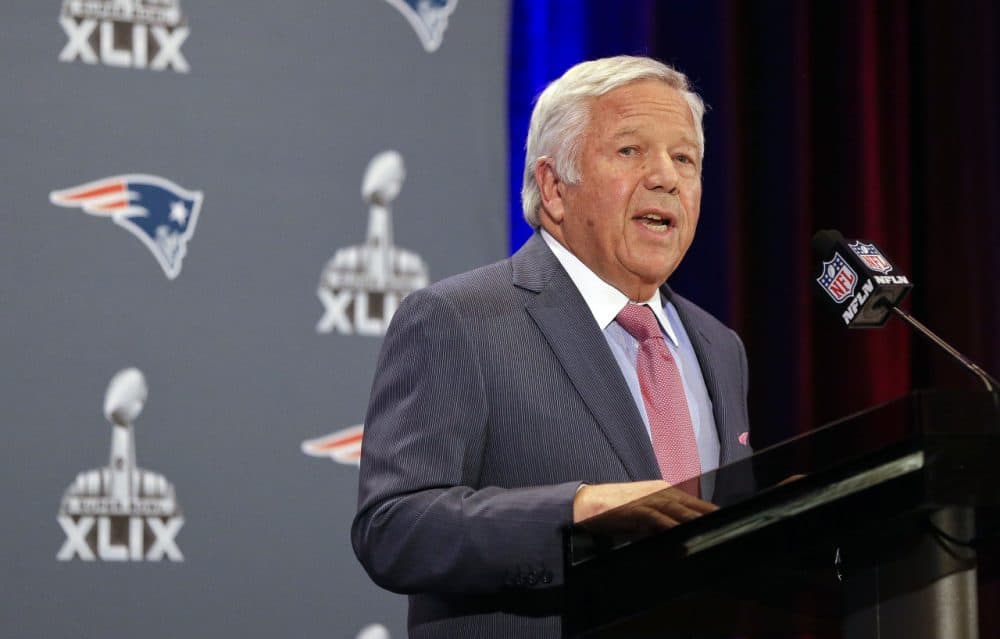 New England Patriots owner Robert Kraft reads a statement during a news conference Monday in Arizona. (Mark Humphrey/AP)