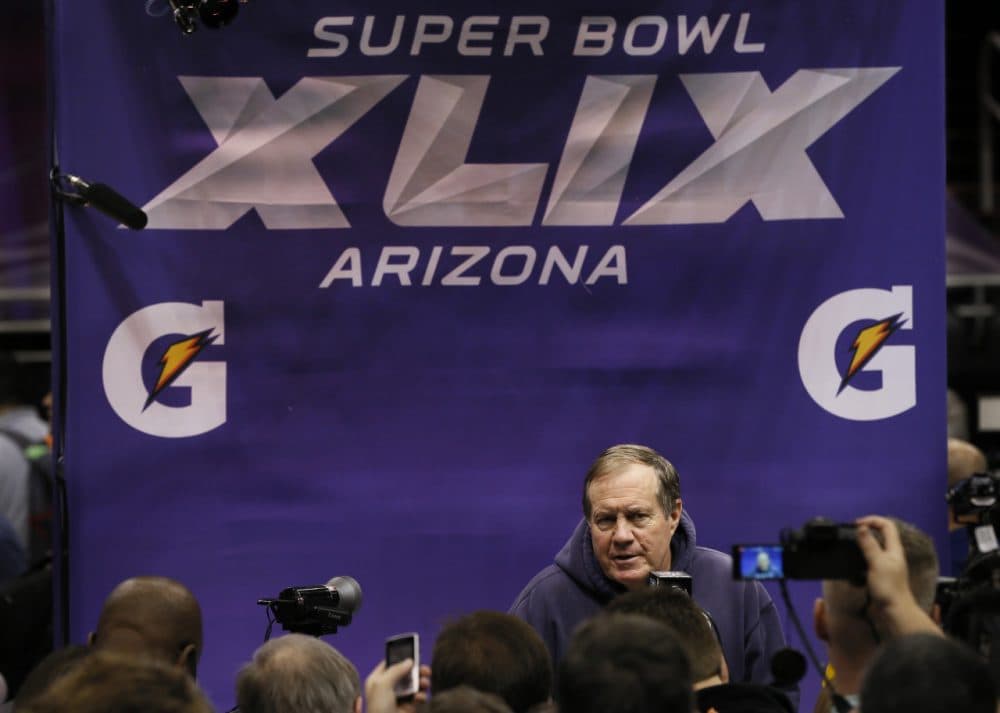 New England Patriots head coach Bill Belichick answers questions during media day for NFL Super Bowl XLIX football game Tuesday. (Matt York/AP)