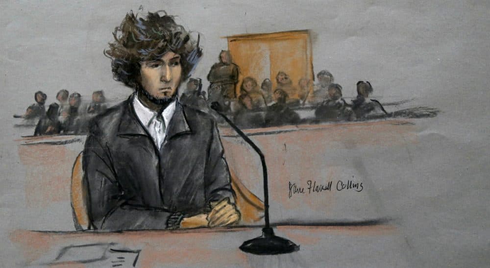 Carol Rose: Serious concerns about due process will keep this death penalty case alive on appeal and in the public eye for years and years to come. In this courtroom sketch, Boston Marathon bombing suspect Dzhokhar Tsarnaev is depicted sitting in federal court in Boston Thursday, Dec. 18, 2014, for a final hearing before his trial. Tsarnaev is charged with the April 2013 attack that killed three people and injured more than 260. He could face the death penalty if convicted. (Jane Flavell Collins/AP)