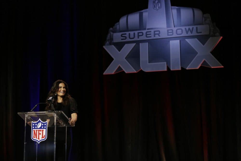 Idina Menzel answers questions at a pre-Super Bowl news conference Thursday in Phoenix. (David J. Phillip/AP)