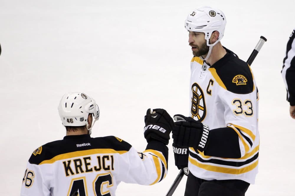 Boston Bruins' Zdeno Chara (33) celebrates his goal with David Krejci (46) during the first period against the Pittsburgh Penguins in Pittsburgh on Wednesday, Jan. 7, 2015. (Gene J. Puskar/AP)