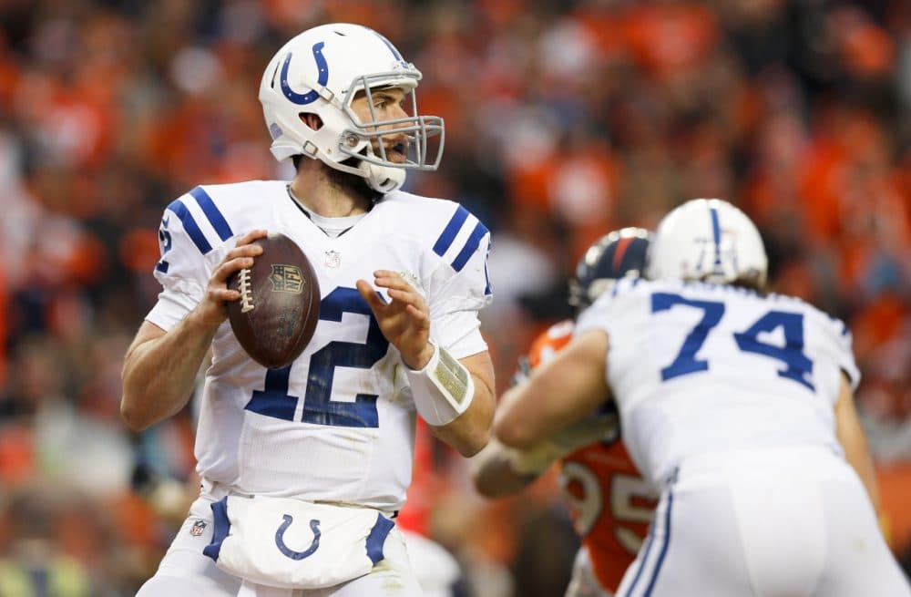 Indianapolis Colts quarterback Andrew Luck looks to throw against the Denver Broncos during the first half of an NFL divisional playoff football game last weekend. (David Zalubowski/AP)