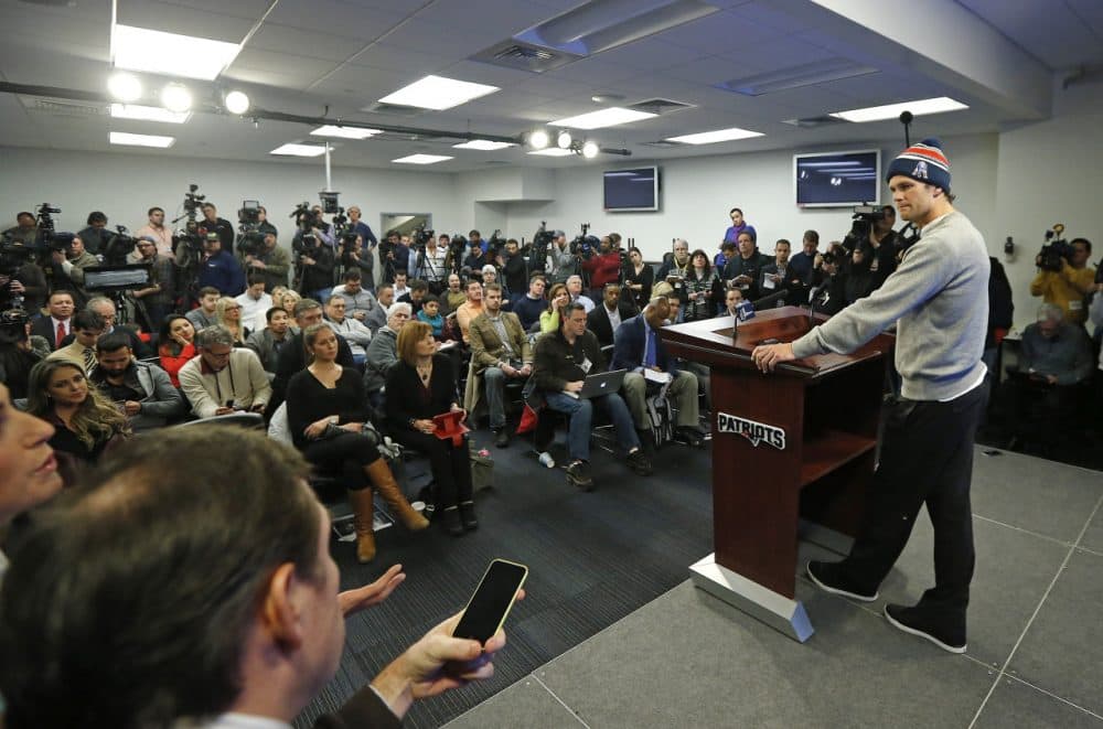Patriots quarterback Tom Brady faces members of the media at a news conference in Foxborough Thursday. (Elise Amendola/AP)