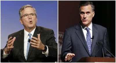 Left: Former Florida Gov. Jeb Bush speaks in San Francisco on Jan. 23, 2015. (Jeff Chiu, AP) Right: Former GOP presidential candidate Mitt Romney addresses the student body and guests at Mississippi State University in Starkville, Miss., Wednesday, Jan. 28, 2015. Romney joked about his time as a candidate and addressed a number of world issues, leading many to believe that he would run for the presidency for a third time in 2016. But on Friday, Romney declared that he would not run. The move has fueled speculation in some corners of a Bush/Romney ticket in 2016. (Rogelio V. Solis/AP)