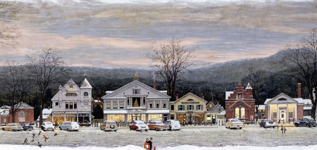 Norman Rockwell invites you on a holiday walk in &quot;Stockbridge Main Street at Christmas (Home for Christmas),&quot; which he painted for McCall’s magazine in 1967. There’s the public library, the old town office, a Victorian hotel, and, at far right, Rockwell's South Street home and studio from 1953 to 1957. His oil painting of the Berkshires community represents for many the quintessential New England small town. (Norman Rockwell Museum) 
