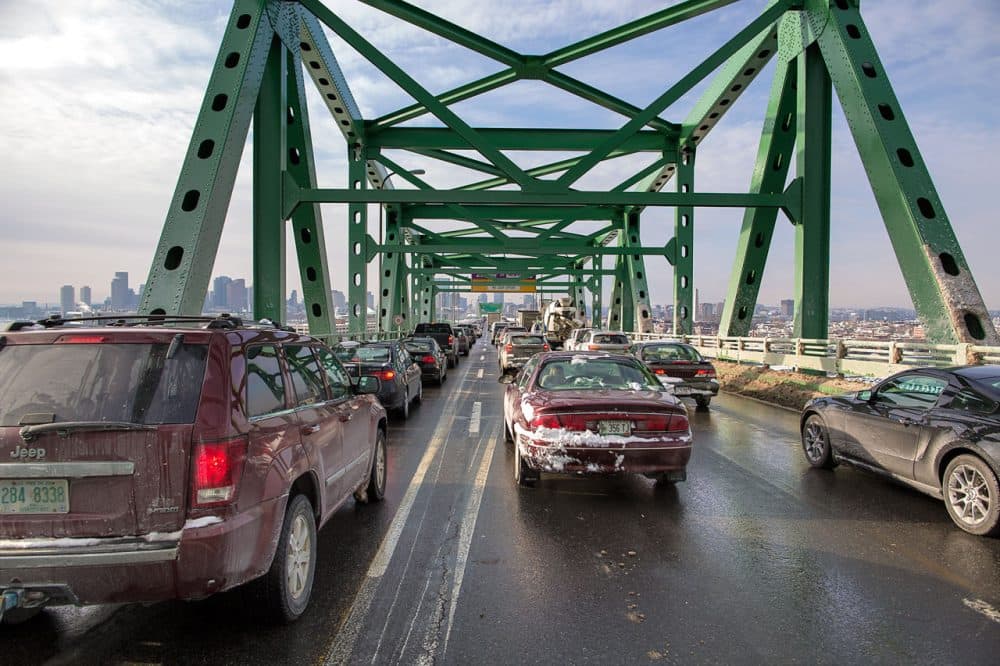 Standstill traffic on the Tobin Bridge heading into Boston Wednesday morning. (Jesse Costa/WBUR)