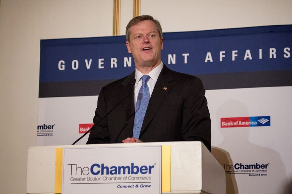 Charlie Baker speaking at the Boston Chamber of Commerce Forum at the Fairmount Copley Hotel on Feb. 5. (Jesse Costa/WBUR)