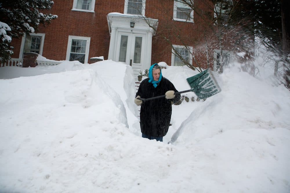 Margette Leanna shovels out in the early morning in Newburyport. (Jesse Costa/WBUR)