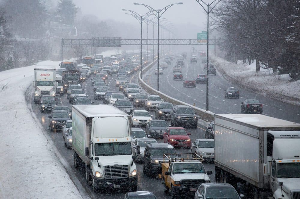 Eastbound traffic on the Mass Pike moves slowly toward the city Wednesday morning. (Robin Lubbock/WBUR)