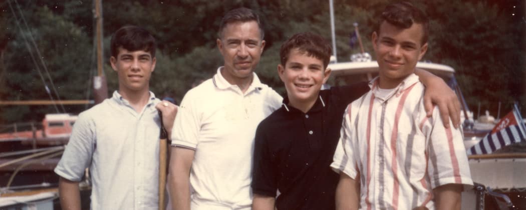 Alan Lightman (far right) at age 16 is seen here at Wilson Lake in Alabama in August 1965 with his father and brothers. (Courtesy Alan Lightman)