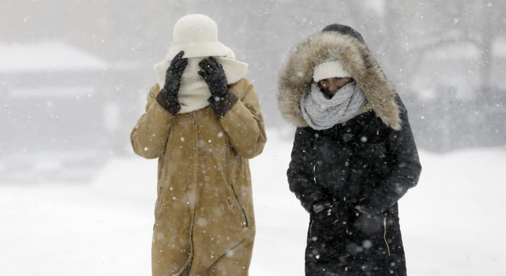 In this photo, pedestrians walk bundled against the blowing snow during a winter snowstorm, Tuesday, Jan. 27, 2015, in Boston. A blizzard heaped snow on Boston, the rest of eastern Massachusetts and parts of Long Island on Tuesday, delivering wind gusts topping 75 mph, but it failed to live up to the hype farther south in Philadelphia and New York City. (Steven Senne/AP)
