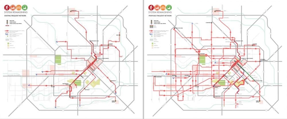 Maps of the existing Houston transit system (left) and the new plan (right). (transitsystemreimagining.com)