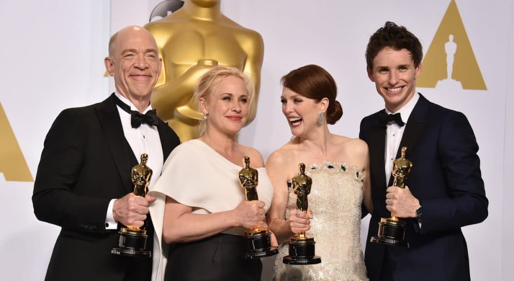 John Winters: Yes, the awards are out of step with the mainstream, but that’s good -- and beside the point. Pictured, from left: J.K. Simmons, winner of the award for best actor in a supporting role for “Whiplash,” Patricia Arquette, best actress in a supporting role for “Boyhood,” Julianne Moore, best actress in a leading role for “Still Alice,&quot; and Eddie Redmayne, best actor in a leading role for “The Theory of Everything,” pose in the press room at the Oscars on Sunday, Feb. 22, 2015, at the Dolby Theatre in Los Angeles. (Jordan Strauss/AP)