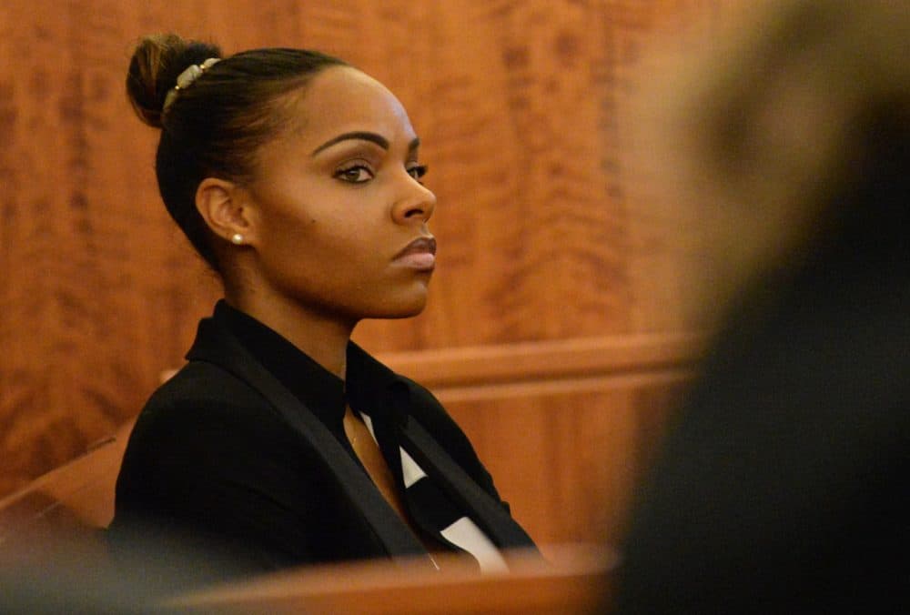 Shayanna Jenkins, the fiancee of former New England Patriots football player Aaron Hernandez, listens during his murder trial last week. (Faith Ninivaggi/AP)