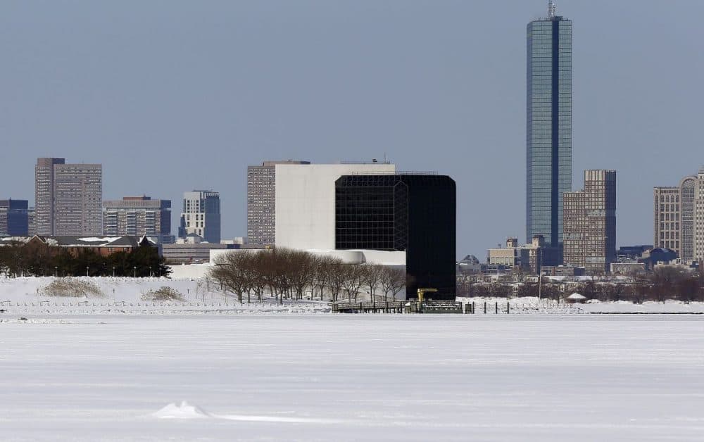 The John F. Kennedy Library sits on the edge of frozen Dorchester Bay in February 2015. (AP)