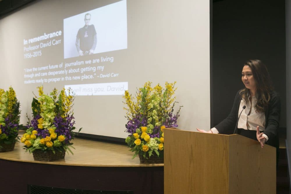 Student Prim Chuwiruch speaks at a memorial service for journalist and professor David Carr at Boston University on Wednesday. (Courtesy Katherine Taylor via BU)