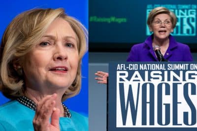 In this Dec. 3, 2014 file photo (L), former Secretary of State Hillary Rodham Clinton speaks at Georgetown University in Washington.  In this file photo (R), Sen. Elizabeth Warren, D-Mass. speaks about raising wages during the forum AFL-CIO National Summit, Wednesday, Jan. 7, 2015, at Gallaudet University in Washington. (AP)