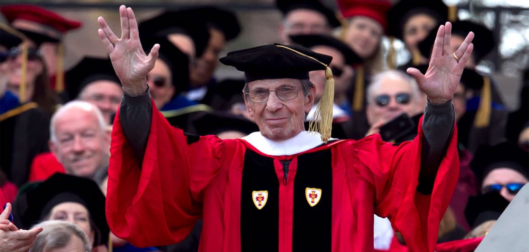 Nimoy gives the Vulcan salute after being awarded an honorary Doctor of Humane Letters degree during Boston University’s 2012 commencement. (Steven Senne/AP)