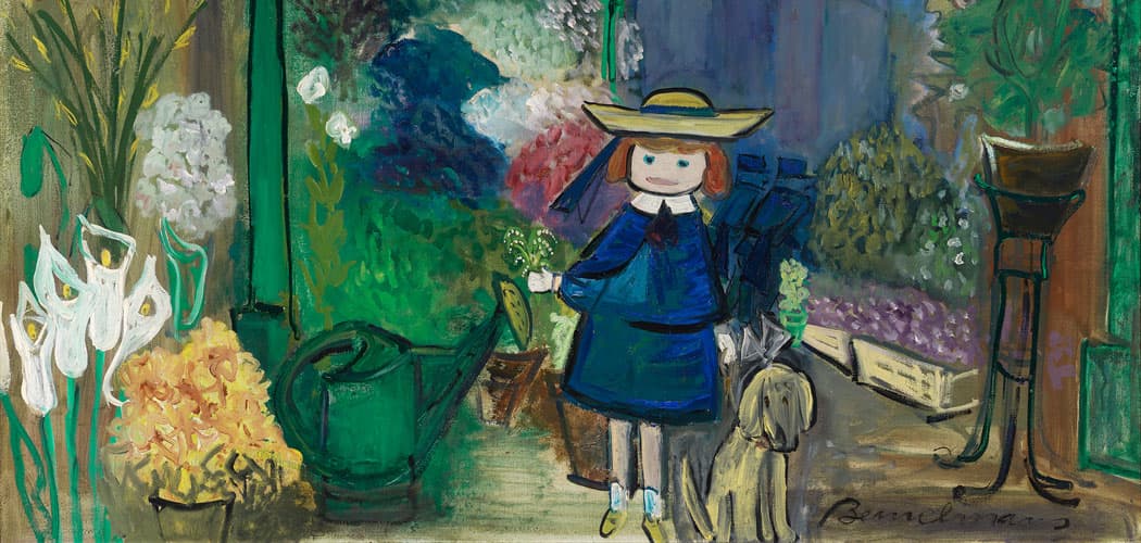 In the 1950s, Bemelmans began making paintings in oil on canvas, like “Madeline at the Paris Flower Market” from 1955. (From the Eric Carle Museum exhibition. © Ludwig Bemelmans, LLC)