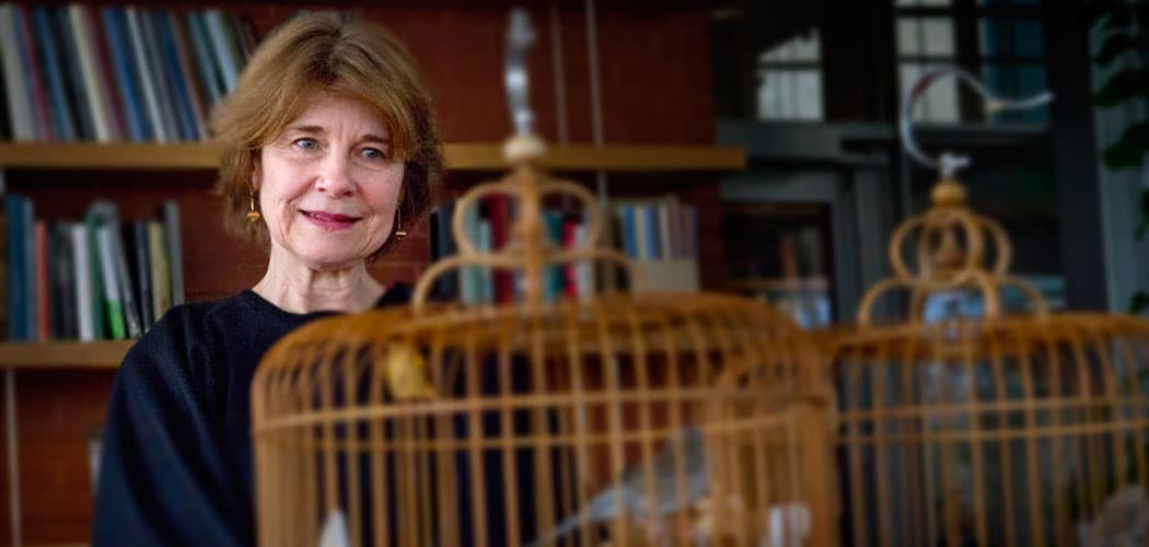 Museum Director Anne Hawley admired a bird cage in the new Living Room visitor orientation space in the new wing of the Isabella Stewart Gardner Museum as it opened in 2012. (Jesse Costa/WBUR)