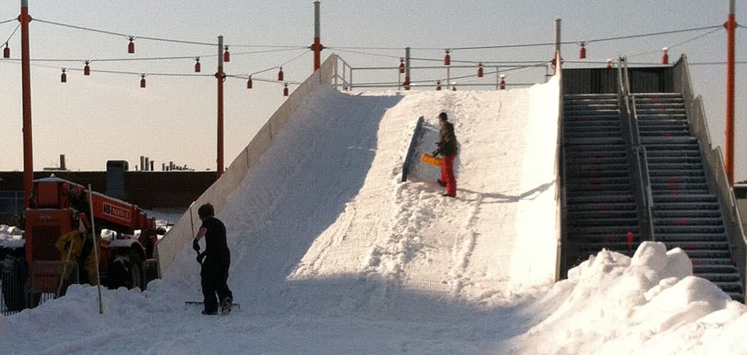 Preparing the two-story tall sledding hill for &quot;Slope Fest&quot; at Boston's Lawn on D. (Courtney Osgood/Lawn on D)