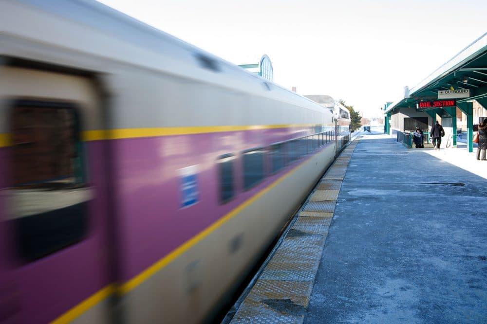A northbound MBTA commuter rail train leaves Lynn station last month. (Jesse Costa/WBUR)